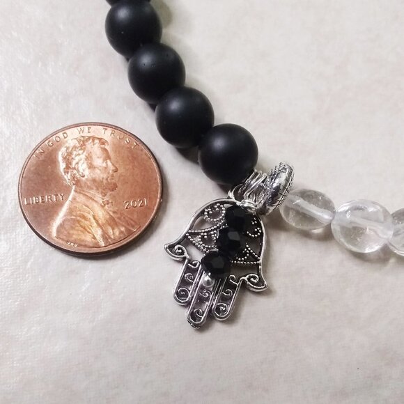 Positivity - Faith - Blessings! Hamsa Hand + Quartz - Black Stone Bracelet - Picture 5 of 7